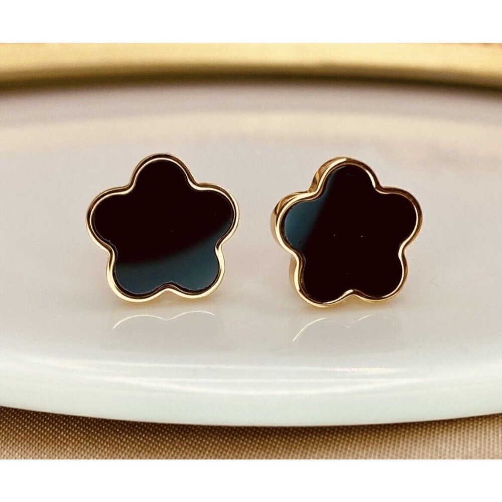 Gold Plated Clover Earrings Black Stainless Steel Floral womens jewelry
